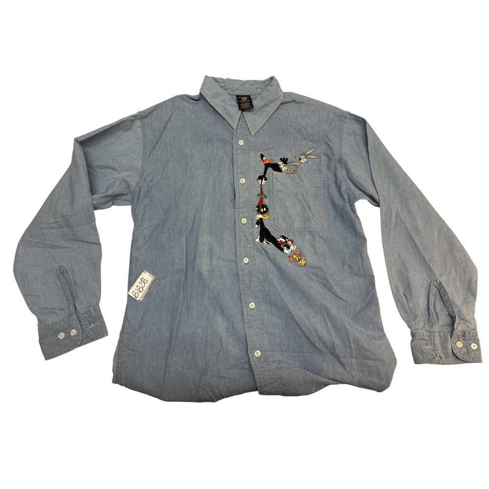 Vintage Looney Tunes Denim Shirt Mens‎ Blue Embroidered Bugs Bunny Daffy Duck S
